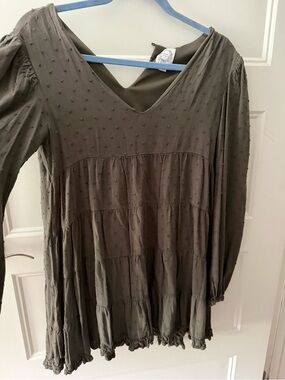Blue Rain Olive Green Long Sleeve Tiered V-Neck Dress